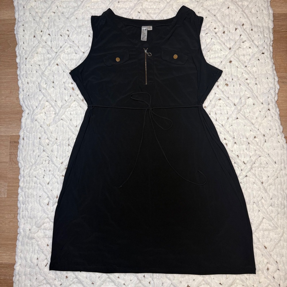 Emma & Michele Black Sleeveless Zip Front Tie Waist Dress 2X Minimalist Sliky